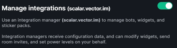 The integration manager, as viewed on the settings. Showing information and allowing the user to toggle it
